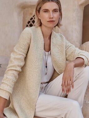 Pure Jill Quilted Open Front Cardigan Oatmeal Beige Womens Large Petite